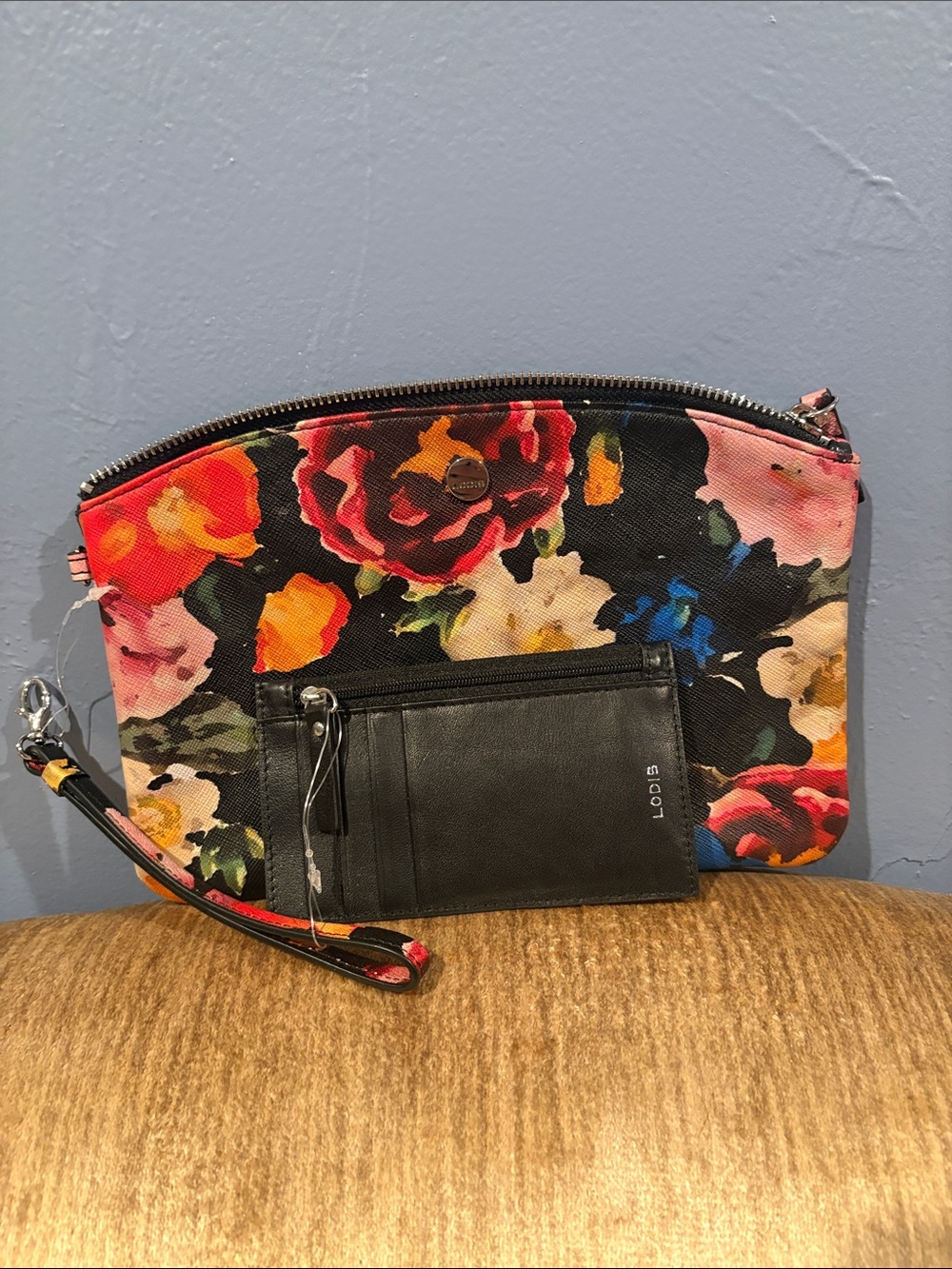 Lodis Floral Wristlet Clutch in Black with Multicolor Blooms